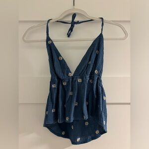 Floral Embroidered Blue Linen Women Top